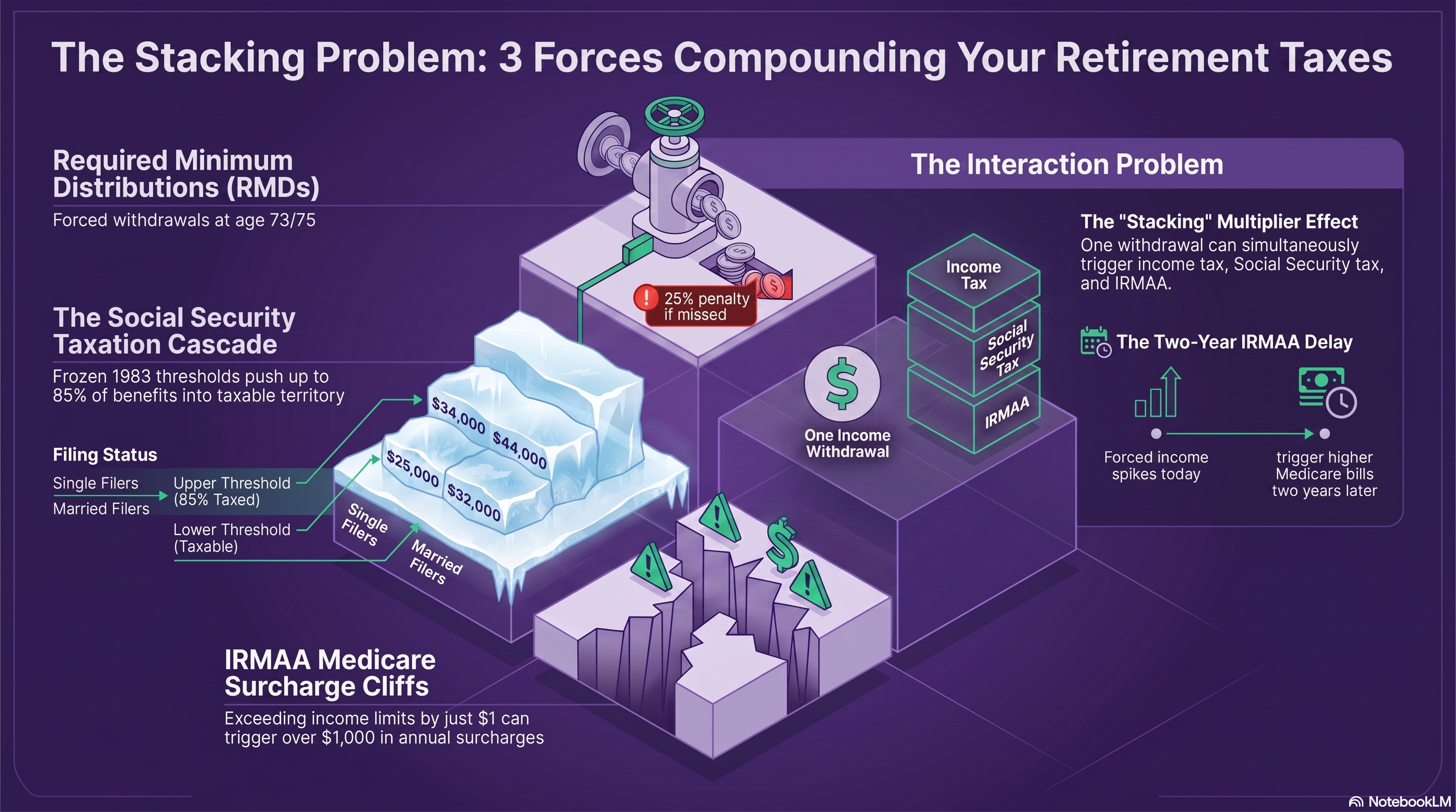The stacking problem — how RMDs, Social Security taxation, and IRMAA compound simultaneously
